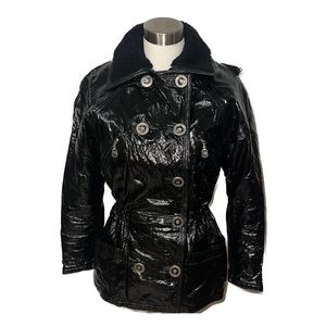 Gianni VERSACE Vintage Croc-embossed Patent Leather Fur Trim Black Winter Coat